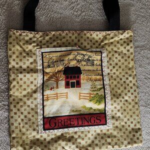 "Greetings" Holiday Farmhouse Tote Bag